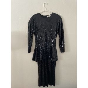 Vintage 1980’s 80’s Black Sequin Bodycon Peplum Long Sleeve Dress Cocktail Sz 8